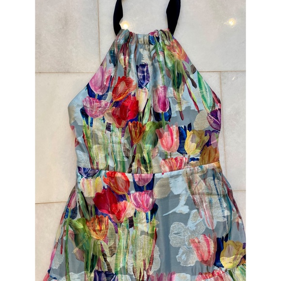 MILLY Hayden Metallic Tulip Halter Dress | Blue Multi | Size 4 - Picture 4 of 6